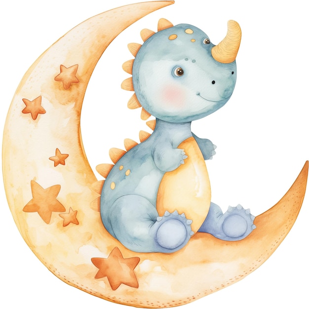 y el lindo y dulce bebé dino sentado en la luna