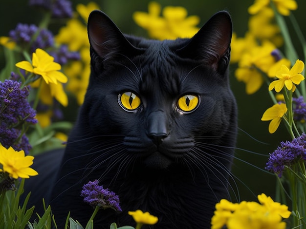 Lindo e fofo retrato de gato preto de Bombaim com olhos amarelos deitado em flores brancas rosa margarida de jardim eu