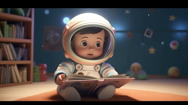 Un lindo e inteligente niño de dibujos animados leyendo un libro disfrazado de astronauta IA generativa