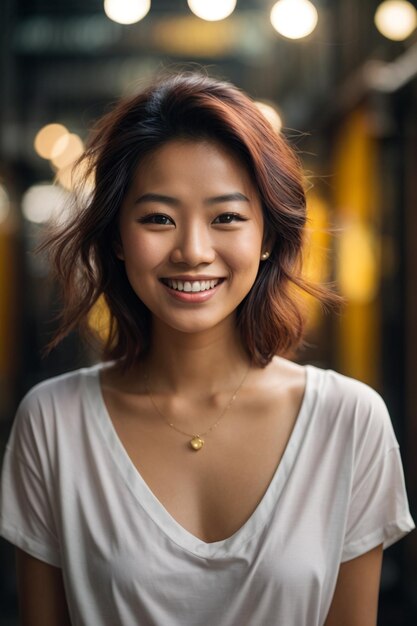 Lindo e sorridente rosto jovem mulher asiática com camisa branca