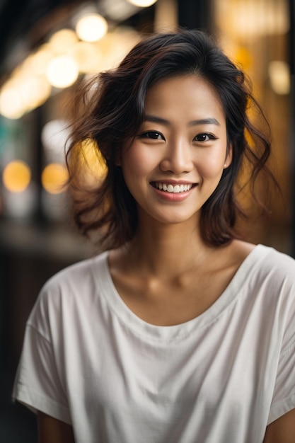 Lindo e sorridente rosto jovem mulher asiática com camisa branca