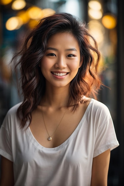 Lindo e sorridente rosto jovem mulher asiática com camisa branca