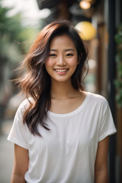 Lindo e sorridente rosto jovem mulher asiática com camisa branca