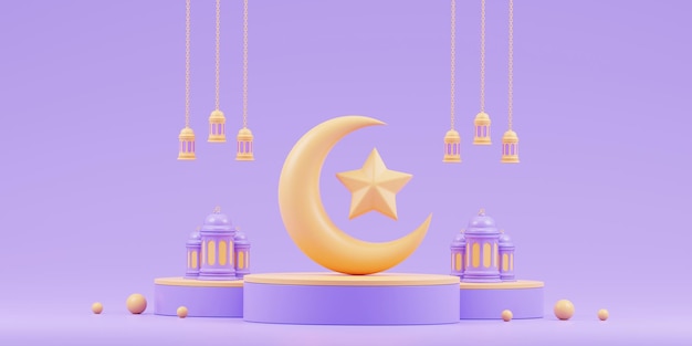 Foto lindo eid al adha mubarak fondo islámico 3d render púrpura mezquita y linterna