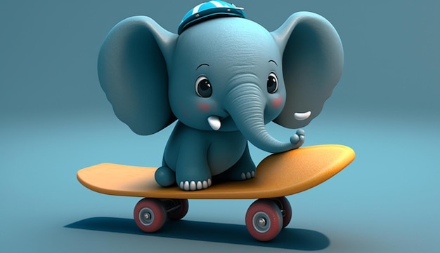 Lindo elefante de dibujos animados en una patineta IA generativa