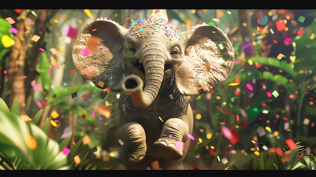 Un lindo elefante jugando con poppers de fiesta en la jungla El elefante está rodeado de confeti y tiene un sombrero de fiesta