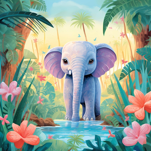 lindo elefante en la jungla tropical para libro de cuentos libro infantil cartel elemento de cumpleaños