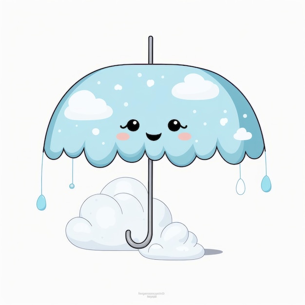 Foto lindo y encantador paraguas kawaii con clipart de nube de lluvia en un fondo blanco