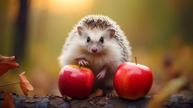 Lindo erizo en el bosque con manzana