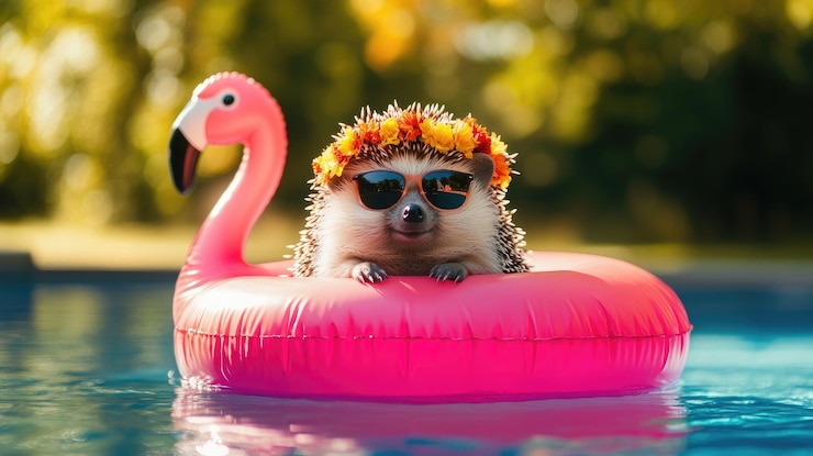 Un lindo erizo con gafas de sol y una corona de flores de otoño flota en un flamenco inflable