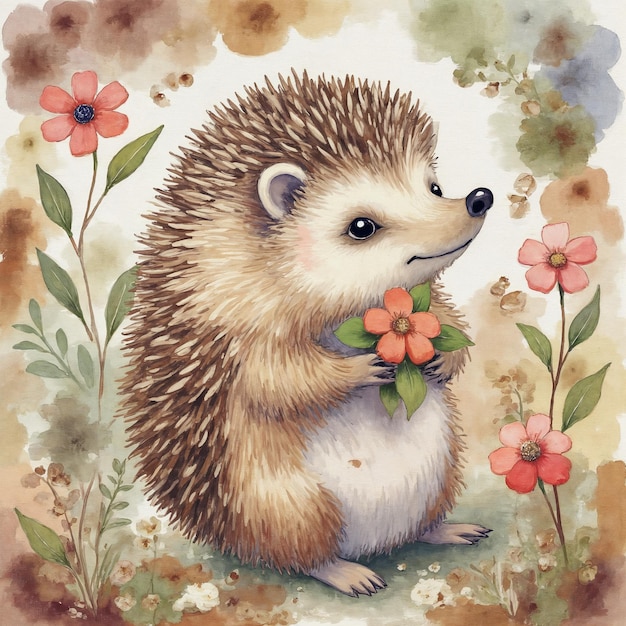Un lindo erizo sosteniendo flores en un estilo de acuarela