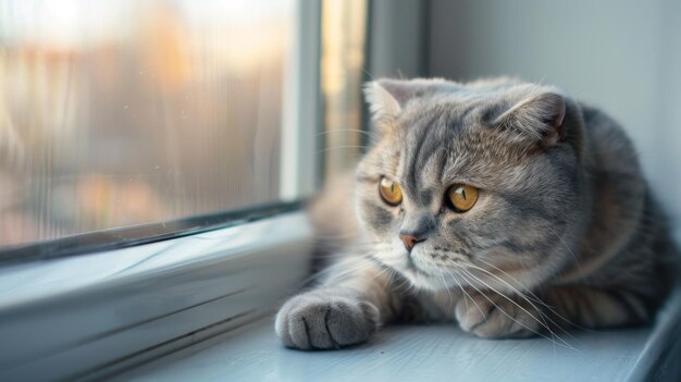 Foto lindo escocés gato de raza plegable con ojos amarillos acostado junto a la ventana en casa vista de día soleado suave peludo de pura raza pelo corto lopeared gatito en el alféizar de la ventana espacio de copia de fondo