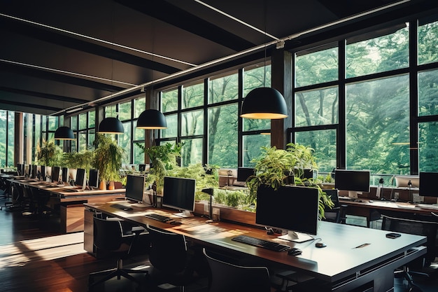 Lindo escritório com plantas e elementos de madeira no interior