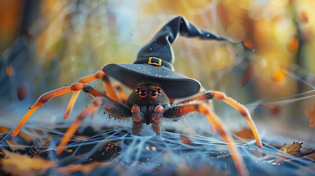 Foto lindo y espeluznante araña de halloween con un sombrero de bruja la araña está sentada en una telaraña frente a un fondo borroso de hojas naranja y amarilla