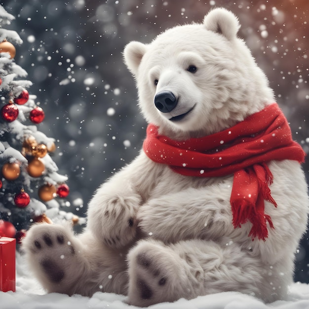 Un lindo y esponjoso cachorro de oso blanco en una bufanda junto al árbol de Navidad