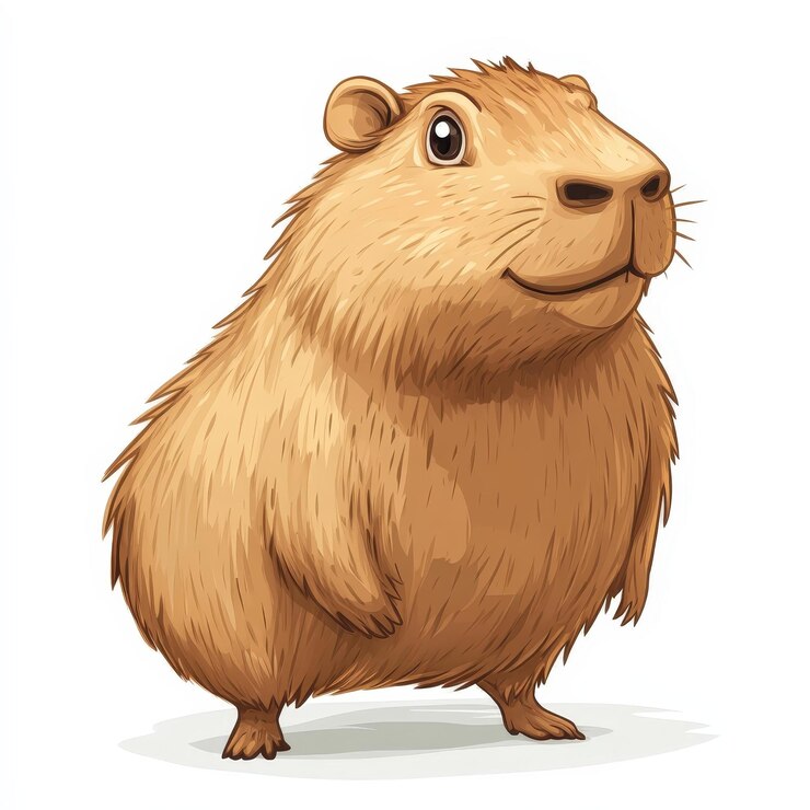 Foto un lindo y esponjoso capibara de dibujos animados de pie mostrando su expresión amistosa y su cuerpo peludo en un fondo blanco aislado
