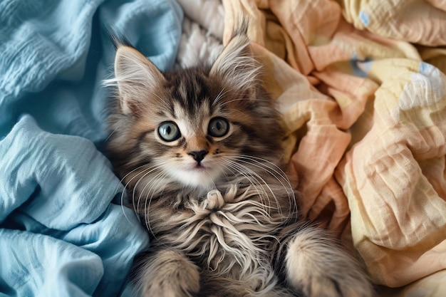 Un lindo y esponjoso gatito atigrado yace boca arriba en una suave manta azul y amarilla