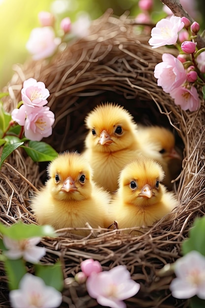 Lindo y esponjoso pollitos amarillos en una primavera floreciendo nido de ramas y flores en la naturaleza tarjeta de primavera primavera tiempo niños infancia AI generado