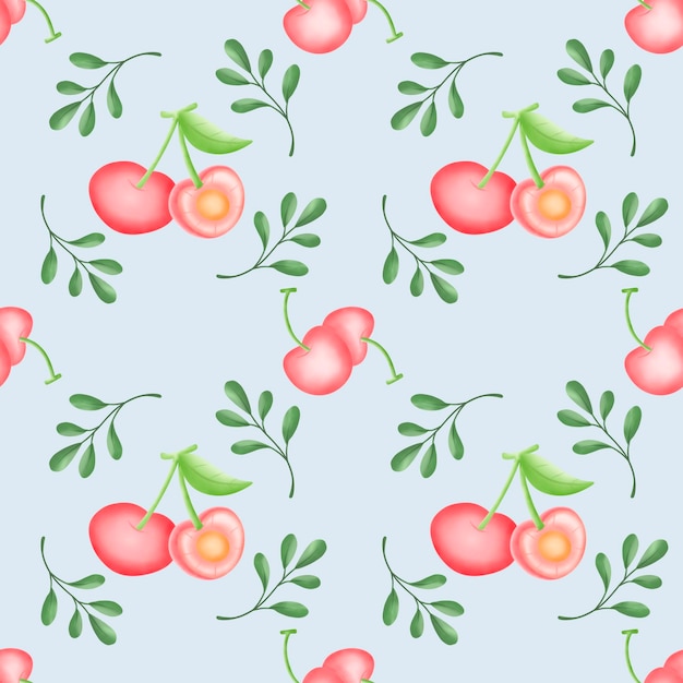 Lindo estampado de cereza roja con hojas verdes