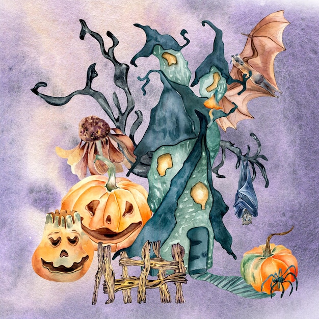 Lindo estampado de Halloween con ilustración de acuarela de casa embrujada en colores de fondo