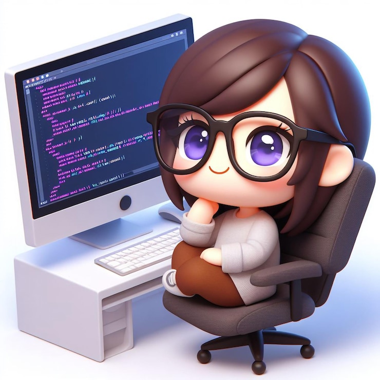 Foto lindo estilo 3d chibi gafas de programador posadas en su nariz apoyándose en su silla