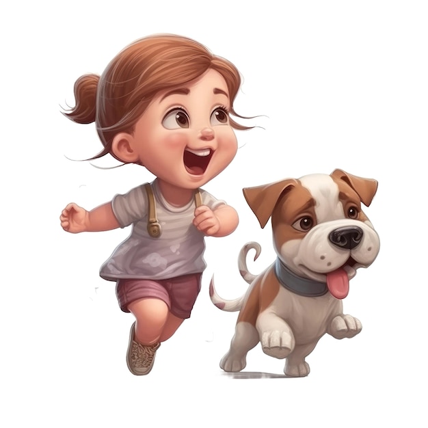 Lindo estilo de dibujos animados niña jugar con perro Fondo aislado transparente AI