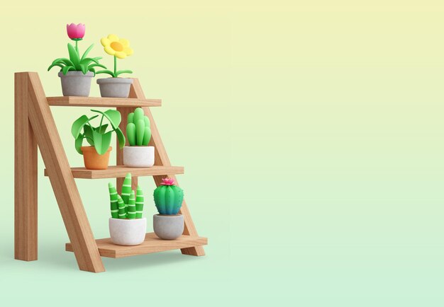 Lindo estilo de dibujos animados ollas de flores plantar muchos tipos de plantas Colóquelo en un estante de madera 3d render