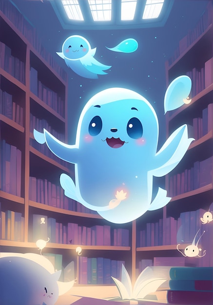 Un lindo fantasma estilo caricatura flotando en una biblioteca encantada.