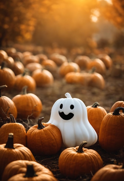 un lindo fantasma de Halloween flotando sobre un huerto de calabazas