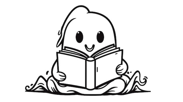 Un lindo fantasma leyendo una ilustración de un libro.