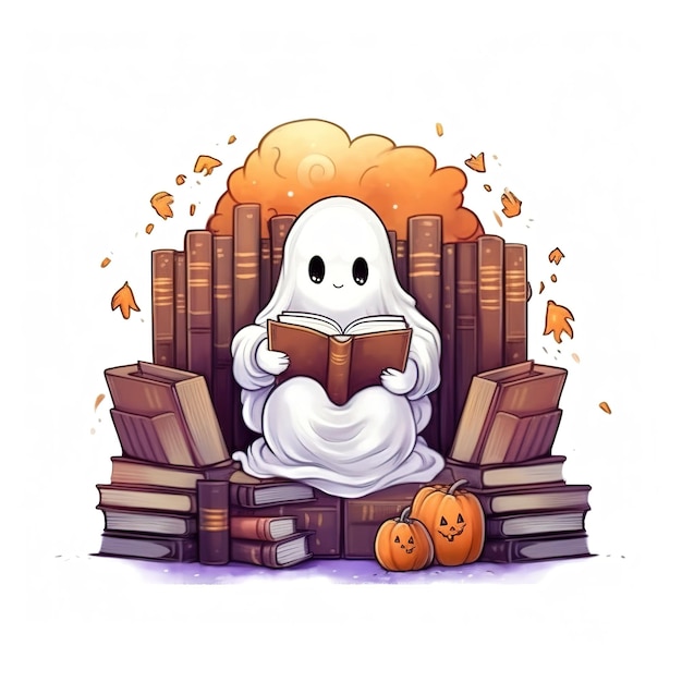 Foto un lindo fantasma leyendo una ilustración de un libro.