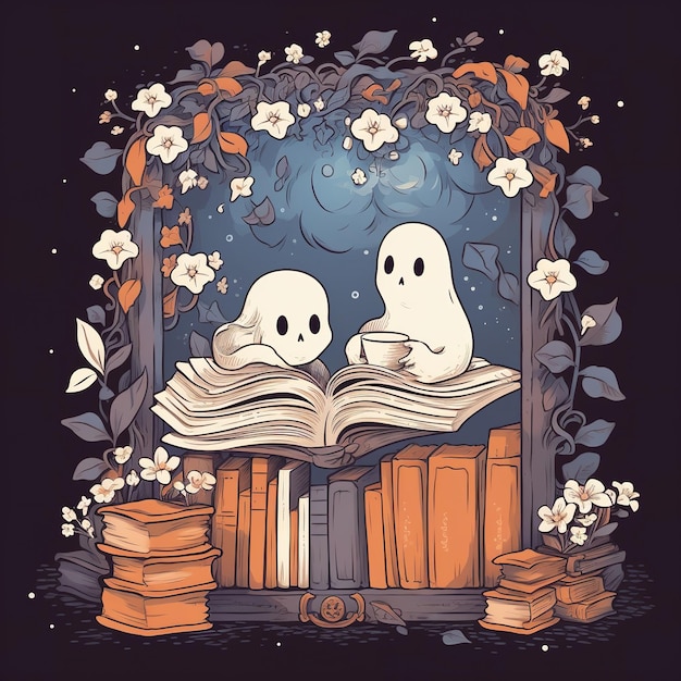 Foto un lindo fantasma leyendo una ilustración de un libro.