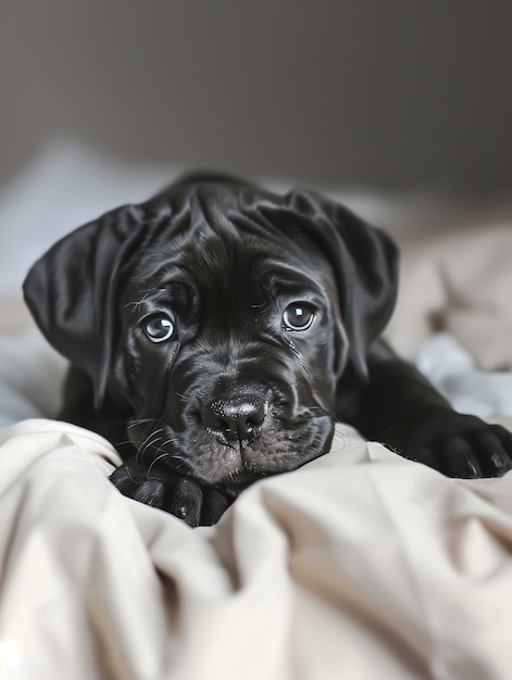 un lindo y feliz cachorro de mastiff acostado en la cama