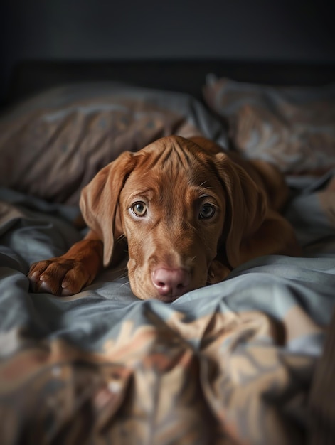 un lindo y feliz cachorro de Vizsla acostado en la cama