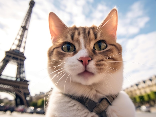 Un lindo y feliz gato sonríe mientras se toma un selfie frente a la Torre Eiffel