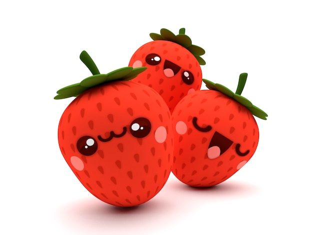 Foto lindo y feliz grupo de fresas rojas kawaii personajes de dibujos animados en 3d