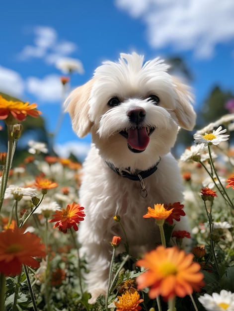 Un lindo y feliz perro blanco maltés jugando en el campo de flores.