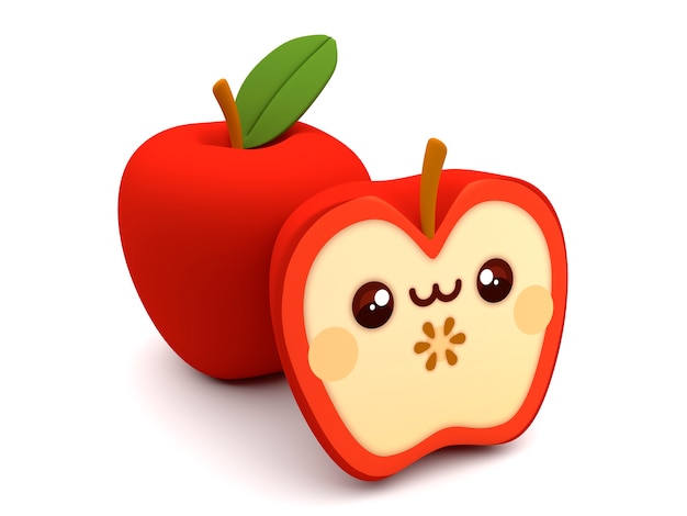 Lindo y feliz personaje de dibujos animados 3D kawaii manzana roja sobre un fondo blanco