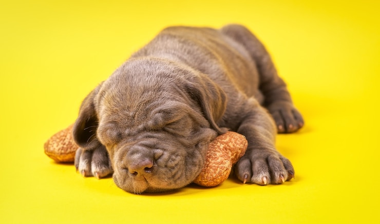 Foto lindo filhote de cachorro mastim italiano cana corso (1 mês) dormindo em osso de brinquedo em fundo amarelo