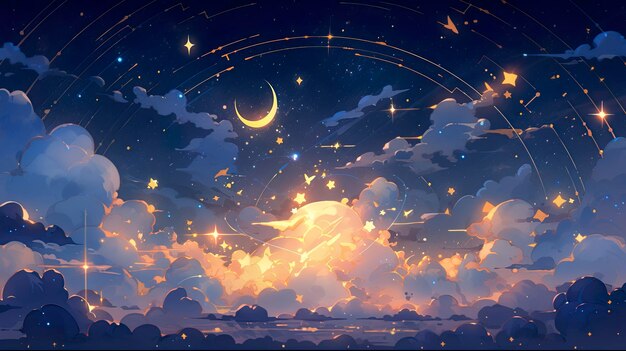 Lindo fondo de dibujos animados con nubes estrellas y luna