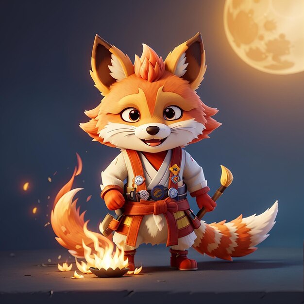 Foto el lindo fox kitsune fighter con fuego icono vectorial de dibujos animados ilustración del icono de vacaciones de animales concepto aislado de estilo de dibujo animado plano vectorial premium