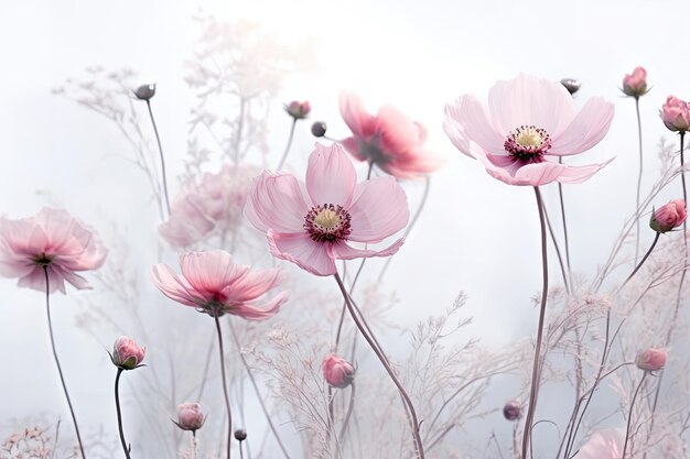 Lindo fundo floral macio com flores rosa empoeiradas em fundo branco