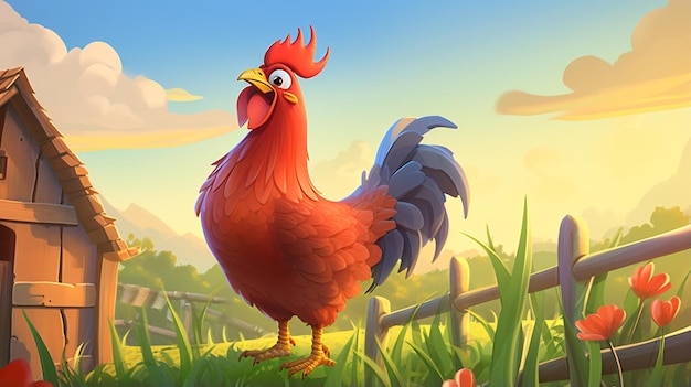 El lindo gallo de dibujos animados en una granja creada con Genertic