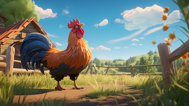 El lindo gallo de dibujos animados en una granja
