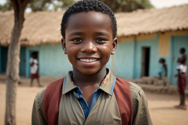 lindo garoto de escola sorridente e orgulhoso na escola, olhando para a câmera de volta ao conceito de escola