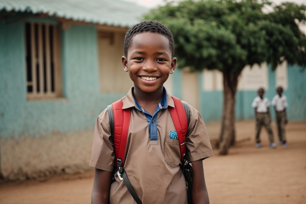 lindo garoto de escola sorridente e orgulhoso na escola, olhando para a câmera de volta ao conceito de escola