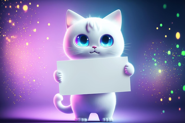 Lindo gatinho branco segurando um quadro em branco com espaço de cópia em um plano de fundo gradiente Ilustração generativa de IA