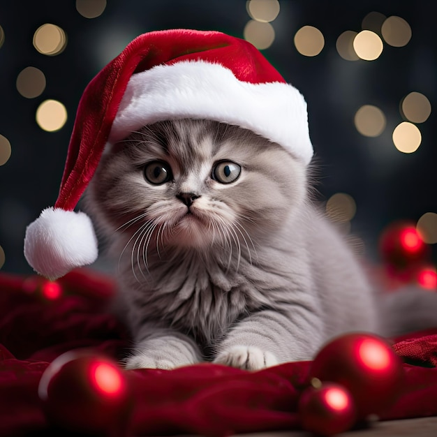 lindo gatinho com um chapéu vermelho de Papai Noel sentado com presentes e desfoque de luz de fundo