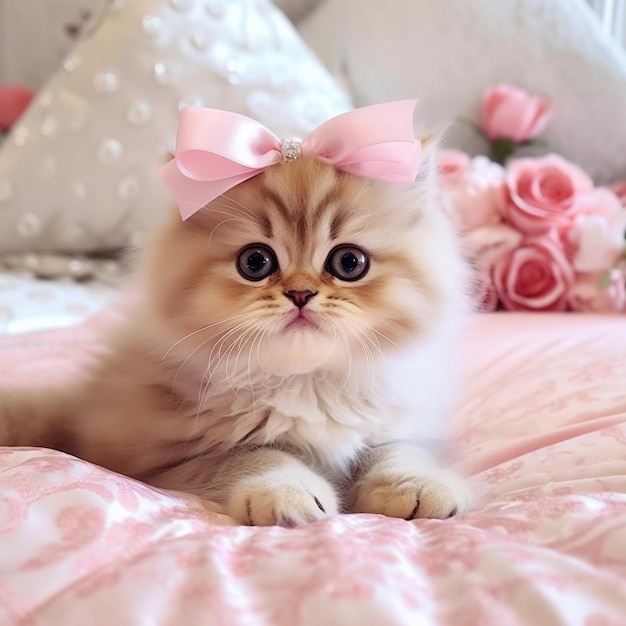 Lindo gatinho persa com laço rosa no pescoço descansando na cama Criado com tecnologia Generative AI