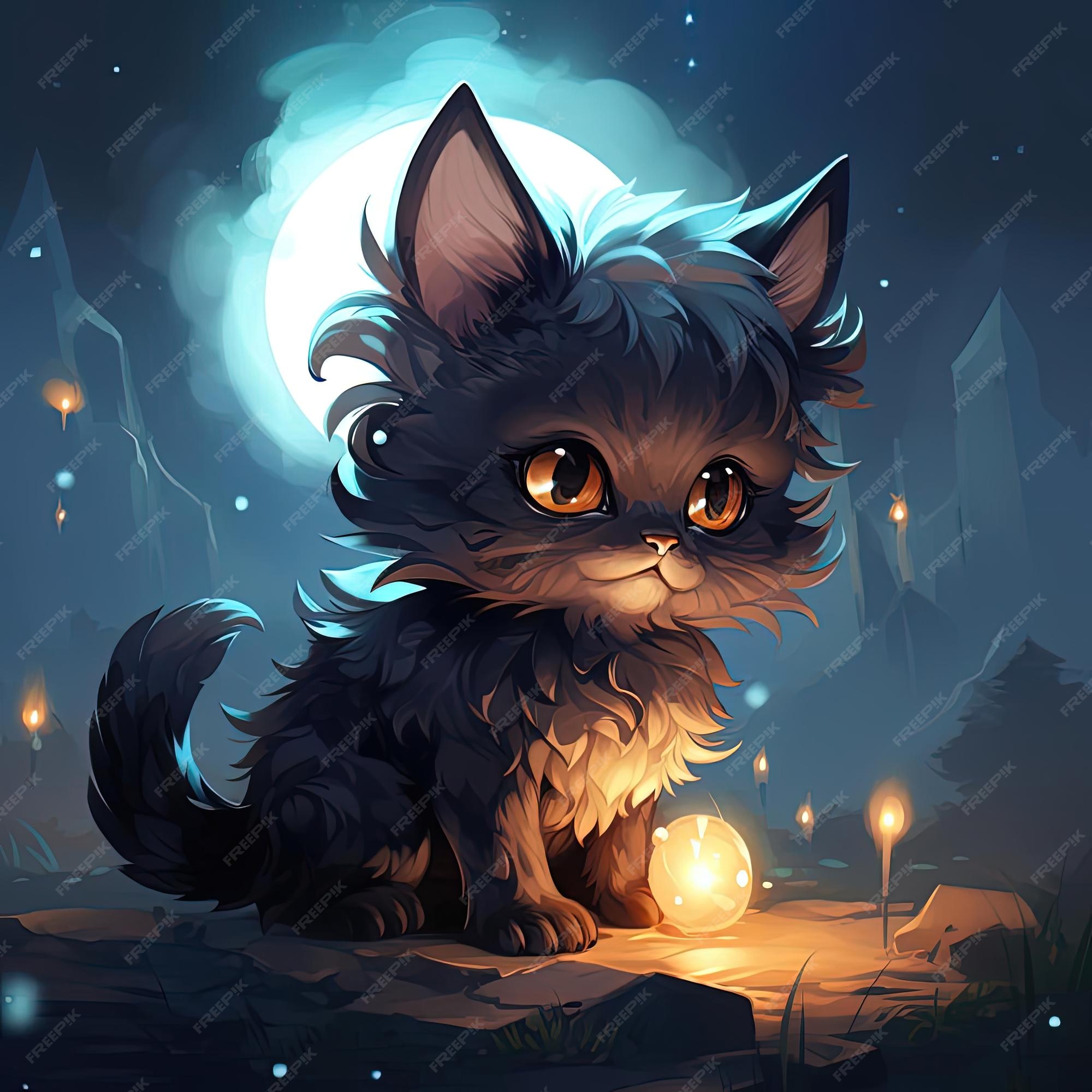 Lindo gatinho preto ao luar no estilo da arte do jogo 2d